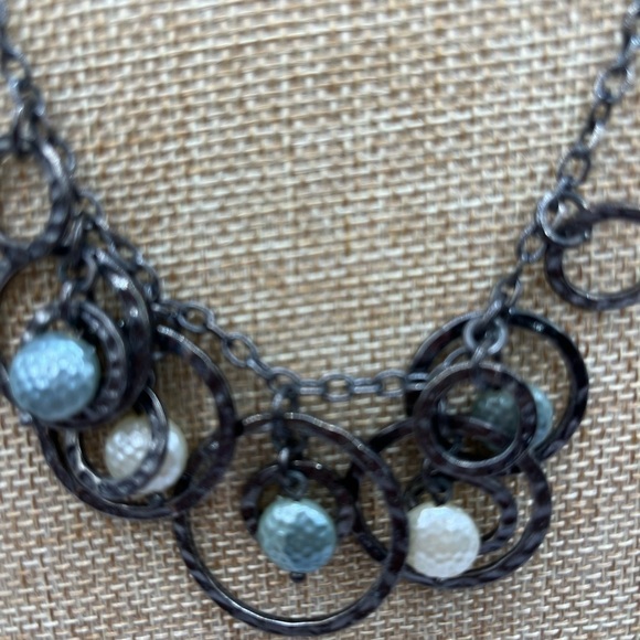 Lia Sophia Necklace | Gunmetal Tone Circles |Faux Pearl Beads 16”-19” Blue white - Picture 2 of 6